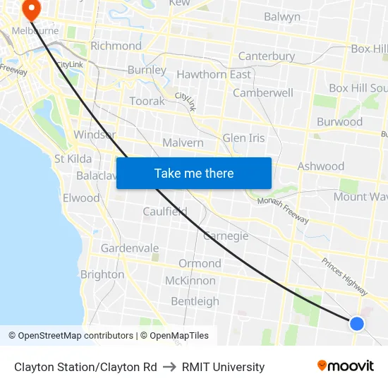 Clayton Station/Clayton Rd to RMIT University map