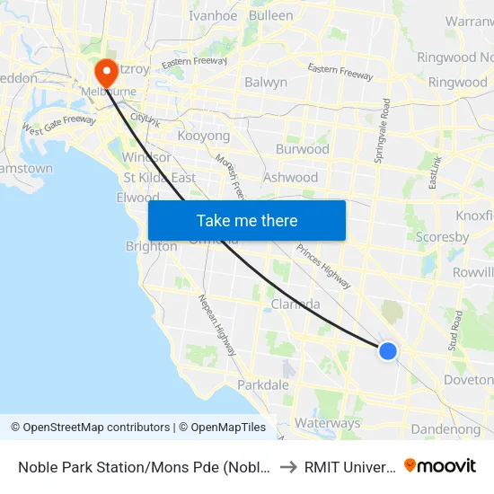 Noble Park Station/Mons Pde to RMIT University map