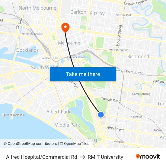 Alfred Hospital/Commercial Rd to RMIT University map