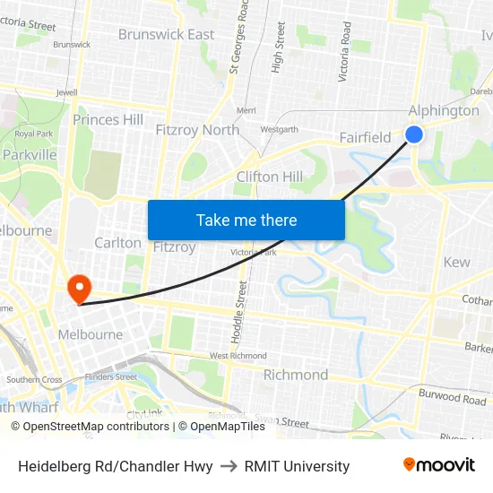 Heidelberg Rd/Chandler Hwy to RMIT University map