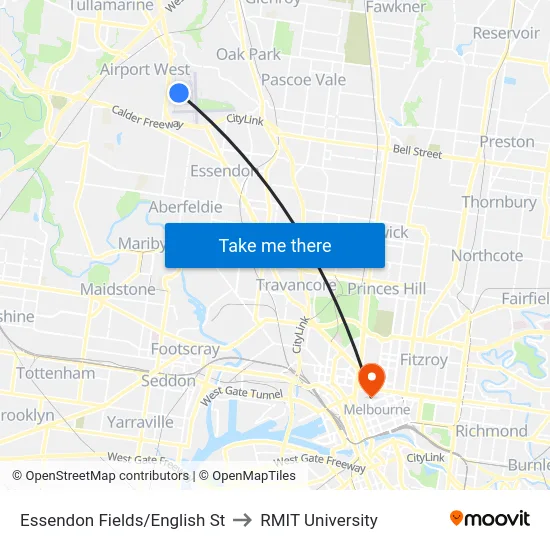 Essendon Fields/English St to RMIT University map