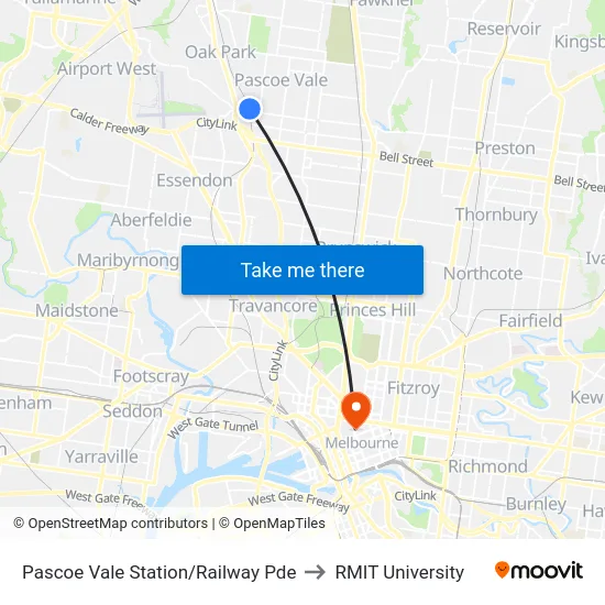 Pascoe Vale Station/Railway Pde to RMIT University map