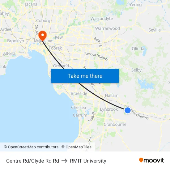 Centre Rd/Clyde Rd Rd to RMIT University map