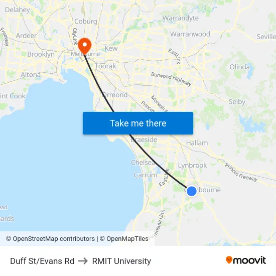 Duff St/Evans Rd to RMIT University map