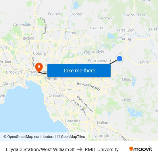 Lilydale Station/West William St to RMIT University map