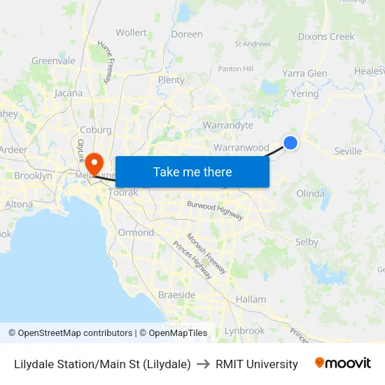 Lilydale Station/Main St to RMIT University map