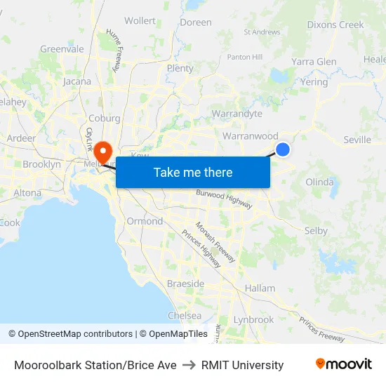 Mooroolbark Station/Brice Ave to RMIT University map