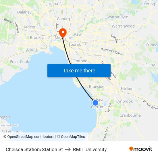 Chelsea Station/Station St to RMIT University map