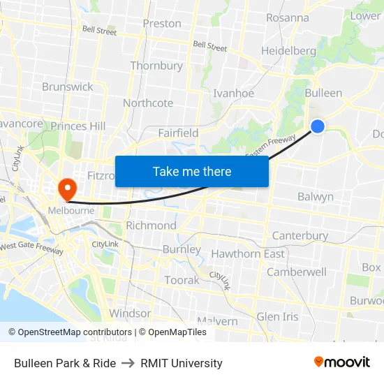 Bulleen Park & Ride to RMIT University map