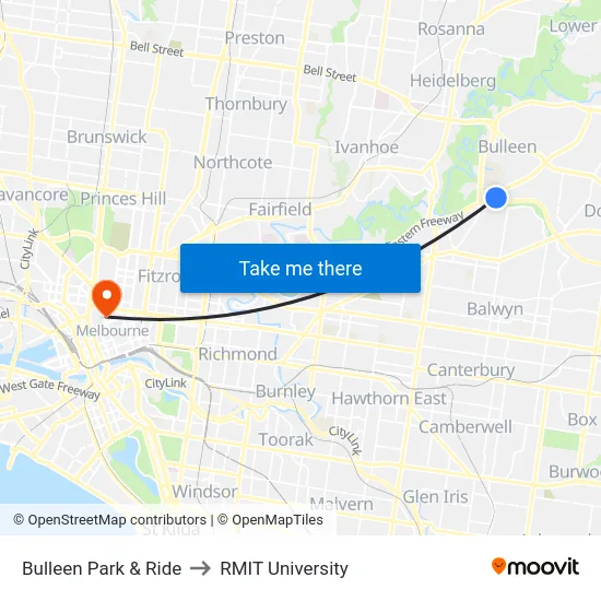 Bulleen Park & Ride to RMIT University map