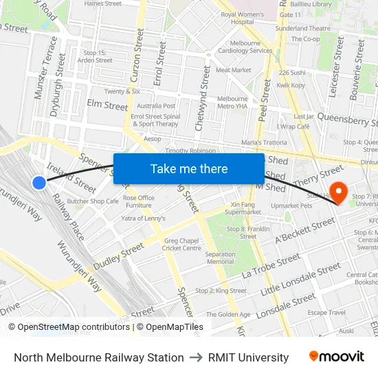 North Melbourne Railway Station to RMIT University map