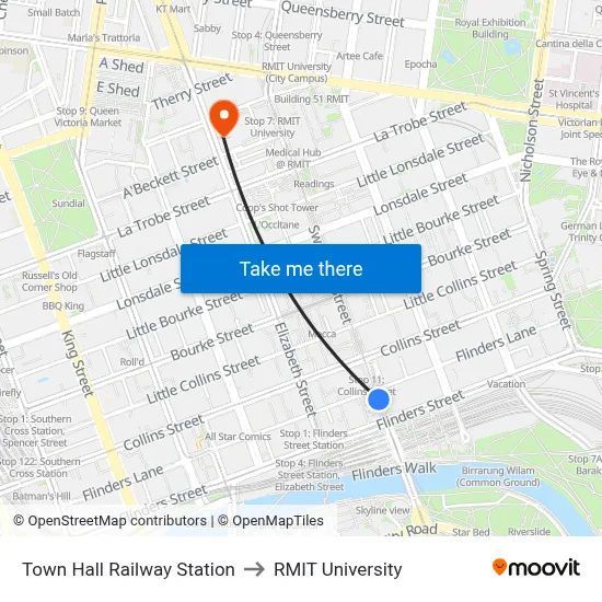 Town Hall Railway Station to RMIT University map