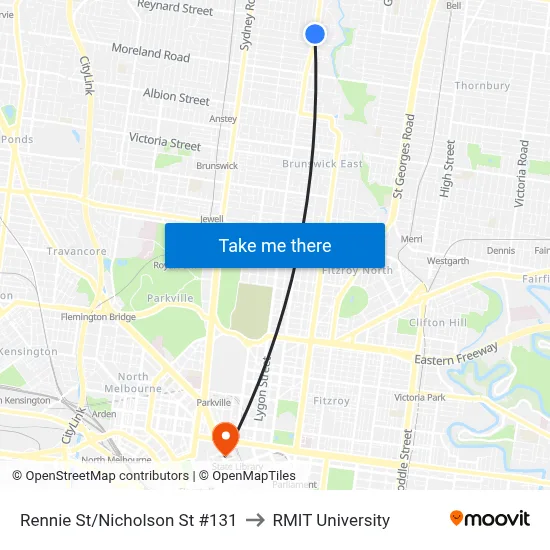 Rennie St/Nicholson St #131 to RMIT University map
