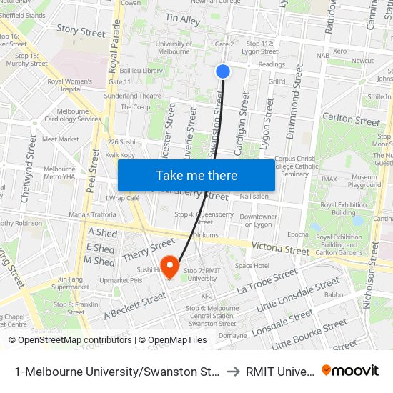 1-Melbourne University/Swanston St (Carlton) to RMIT University map