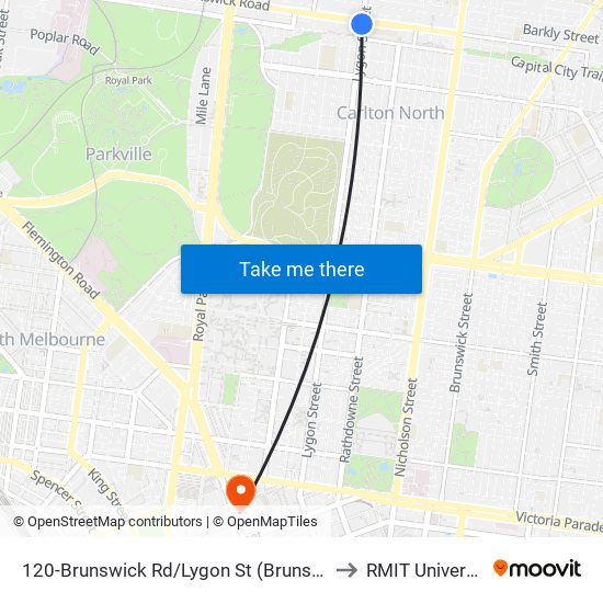 120-Brunswick Rd/Lygon St (Brunswick) to RMIT University map