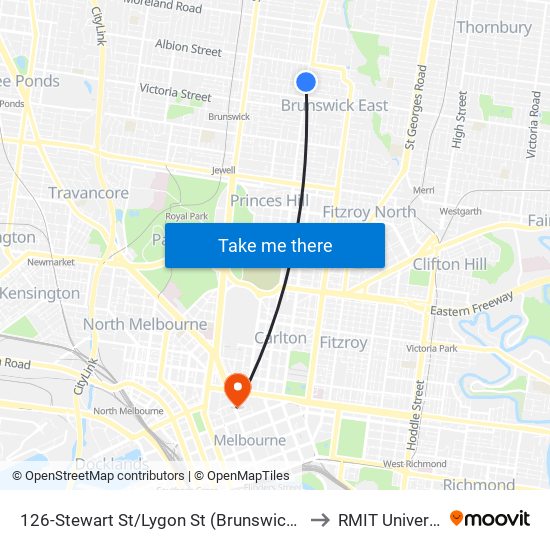 126-Stewart St/Lygon St (Brunswick East) to RMIT University map