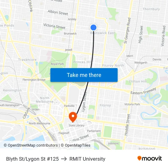Blyth St/Lygon St #125 to RMIT University map