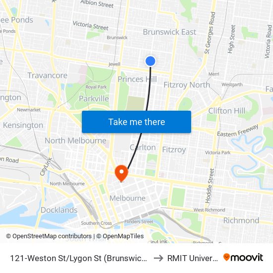 121-Weston St/Lygon St (Brunswick East) to RMIT University map