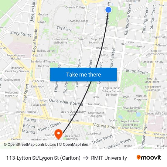 113-Lytton St/Lygon St (Carlton) to RMIT University map