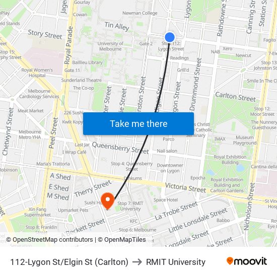 112-Lygon St/Elgin St (Carlton) to RMIT University map