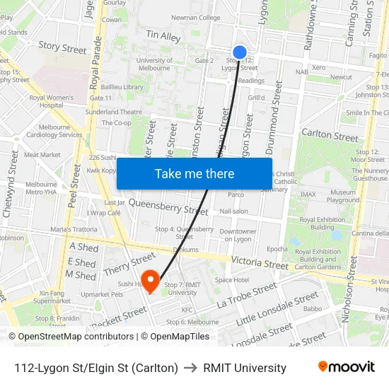 Lygon St/Elgin St #112 to RMIT University map