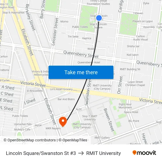 Lincoln Square/Swanston St #3 to RMIT University map