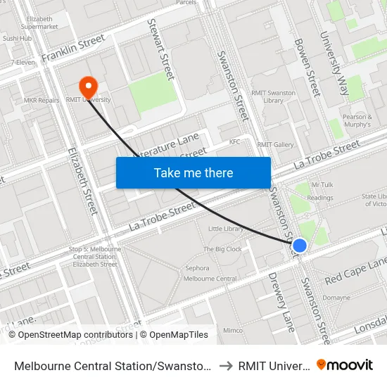 Melbourne Central Station/Swanston St #8 to RMIT University map