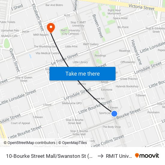 10-Bourke Street Mall/Swanston St (Melbourne City) to RMIT University map