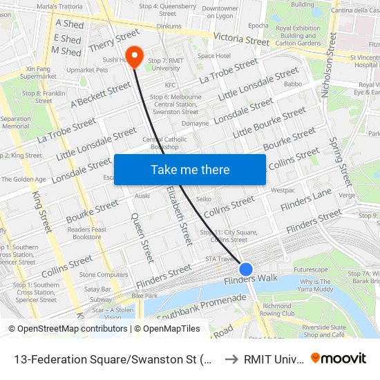 13-Federation Square/Swanston St (Melbourne City) to RMIT University map