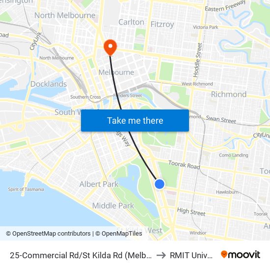 25-Commercial Rd/St Kilda Rd (Melbourne City) to RMIT University map