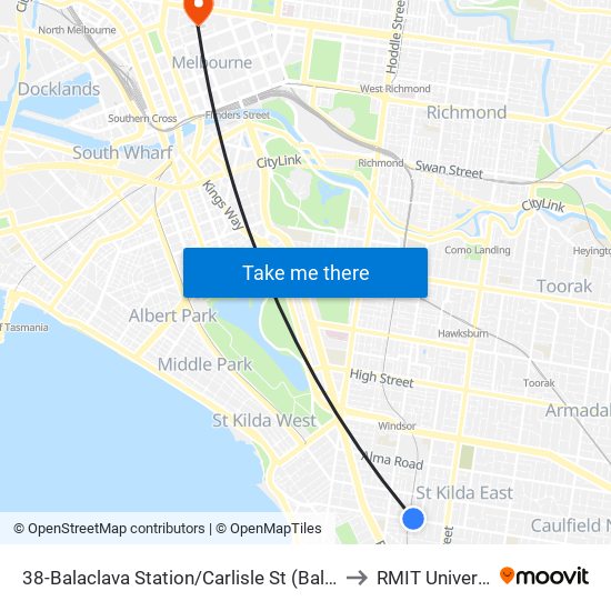 38-Balaclava Station/Carlisle St (Balaclava) to RMIT University map