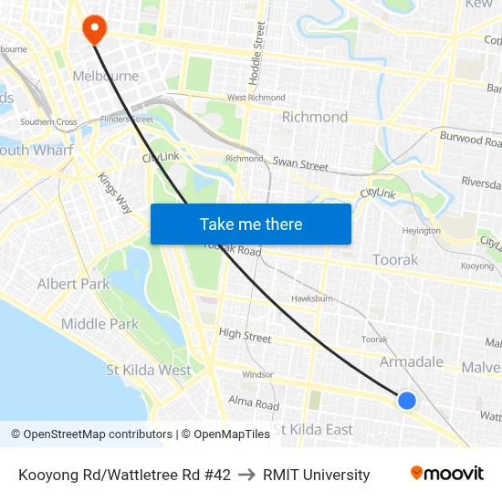 Kooyong Rd/Wattletree Rd #42 to RMIT University map