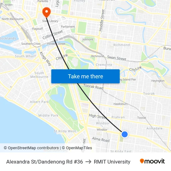 Alexandra St/Dandenong Rd #36 to RMIT University map