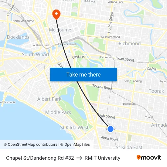 Chapel St/Dandenong Rd #32 to RMIT University map