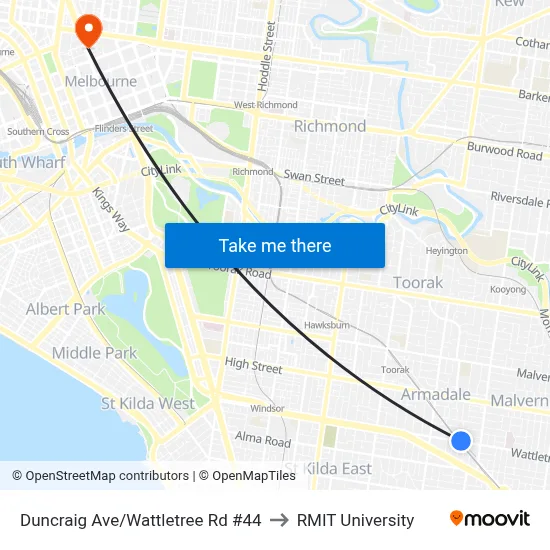 Duncraig Ave/Wattletree Rd #44 to RMIT University map
