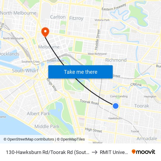 130-Hawksburn Rd/Toorak Rd (South Yarra) to RMIT University map