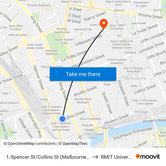1-Spencer St/Collins St (Melbourne City) to RMIT University map