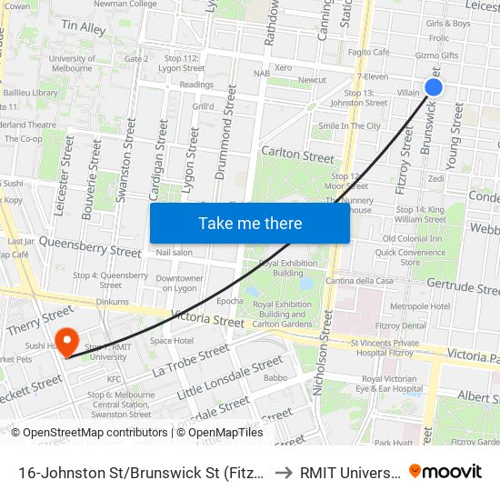 16-Johnston St/Brunswick St (Fitzroy) to RMIT University map