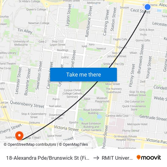 18-Alexandra Pde/Brunswick St (Fitzroy) to RMIT University map