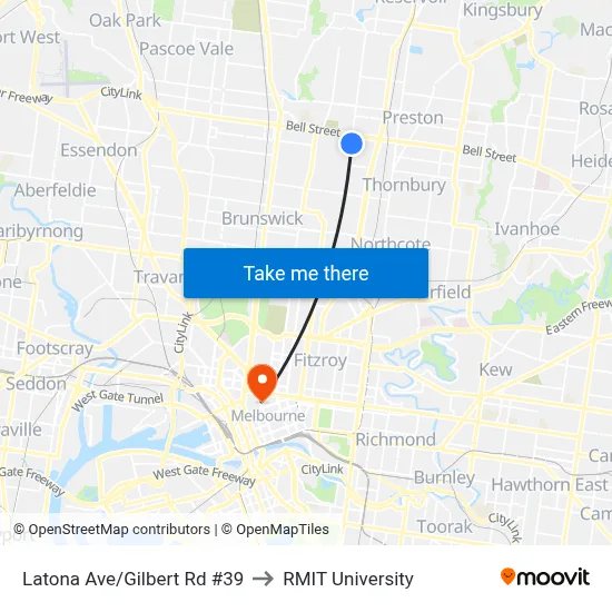 Latona Ave/Gilbert Rd #39 to RMIT University map