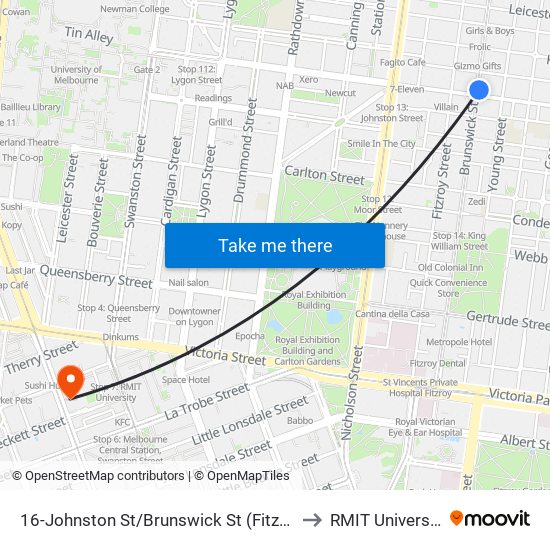 16-Johnston St/Brunswick St (Fitzroy) to RMIT University map