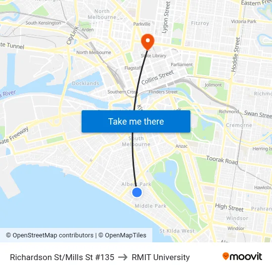 Richardson St/Mills St #135 to RMIT University map