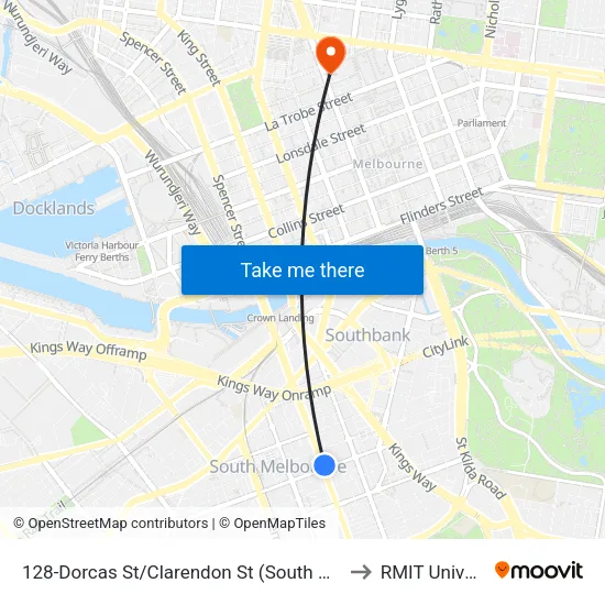 Dorcas St/Clarendon St #128 to RMIT University map
