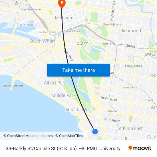 33-Barkly St/Carlisle St (St Kilda) to RMIT University map