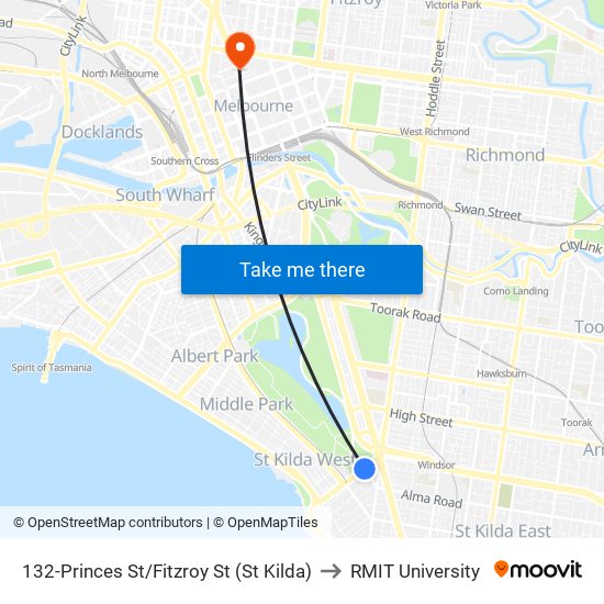 132-Princes St/Fitzroy St (St Kilda) to RMIT University map