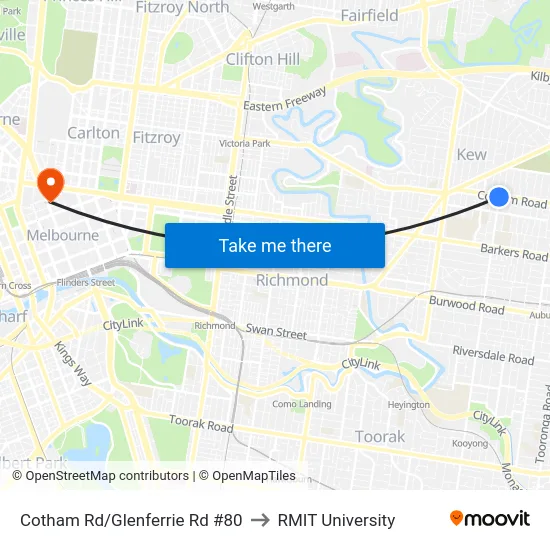 Cotham Rd/Glenferrie Rd #80 to RMIT University map