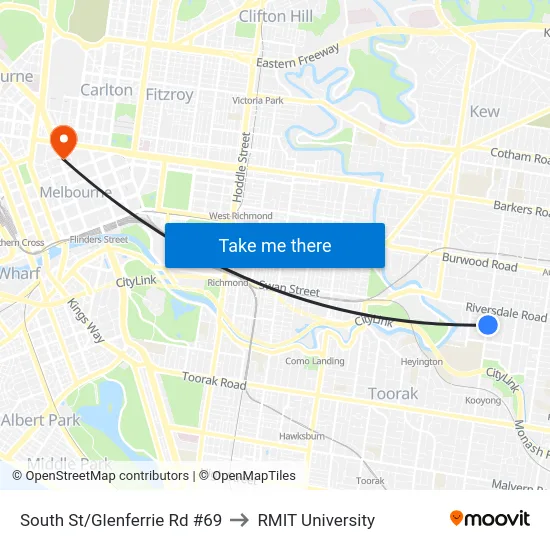 South St/Glenferrie Rd #69 to RMIT University map