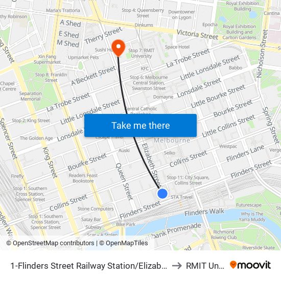 1-Flinders Street Railway Station/Elizabeth St (Melbourne City) to RMIT University map