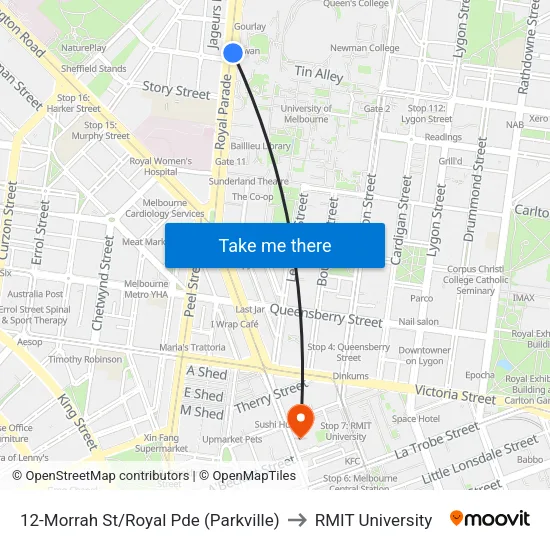Morrah St/Royal Pde #12 to RMIT University map