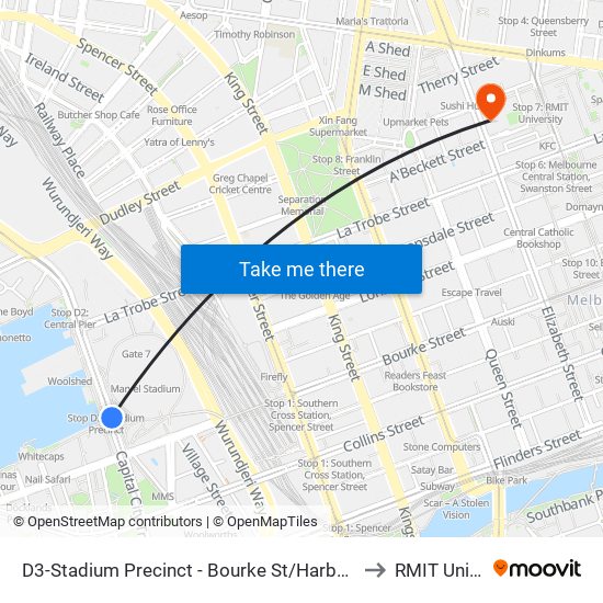 D3-Stadium Precinct - Bourke St/Harbour Esp (Docklands) to RMIT University map